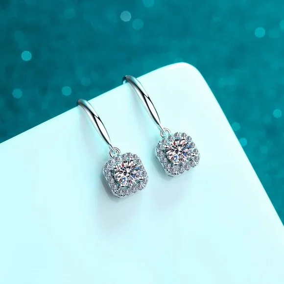 Certified 1ct. t.w. Moissanite Diamond Halo Drop Earrings NEW - Picture 3 of 9